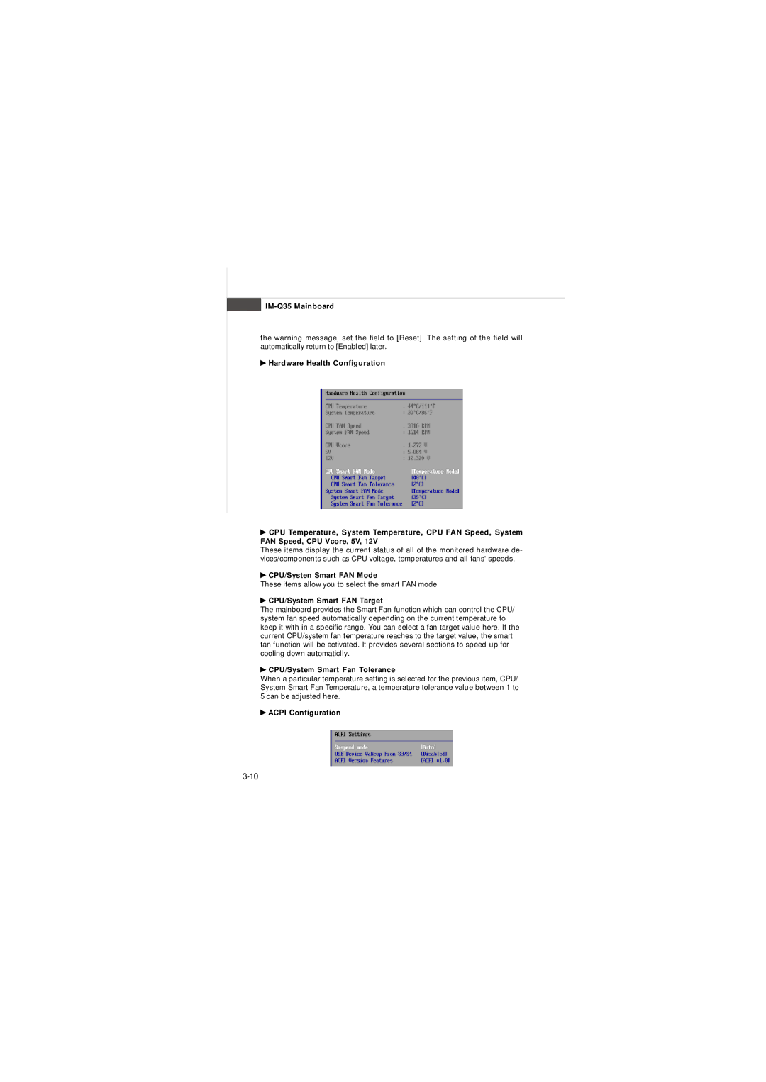 Intel IM-Q35 Series manual CPU/Systen Smart FAN Mode, CPU/System Smart FAN Target, CPU/System Smart Fan Tolerance 