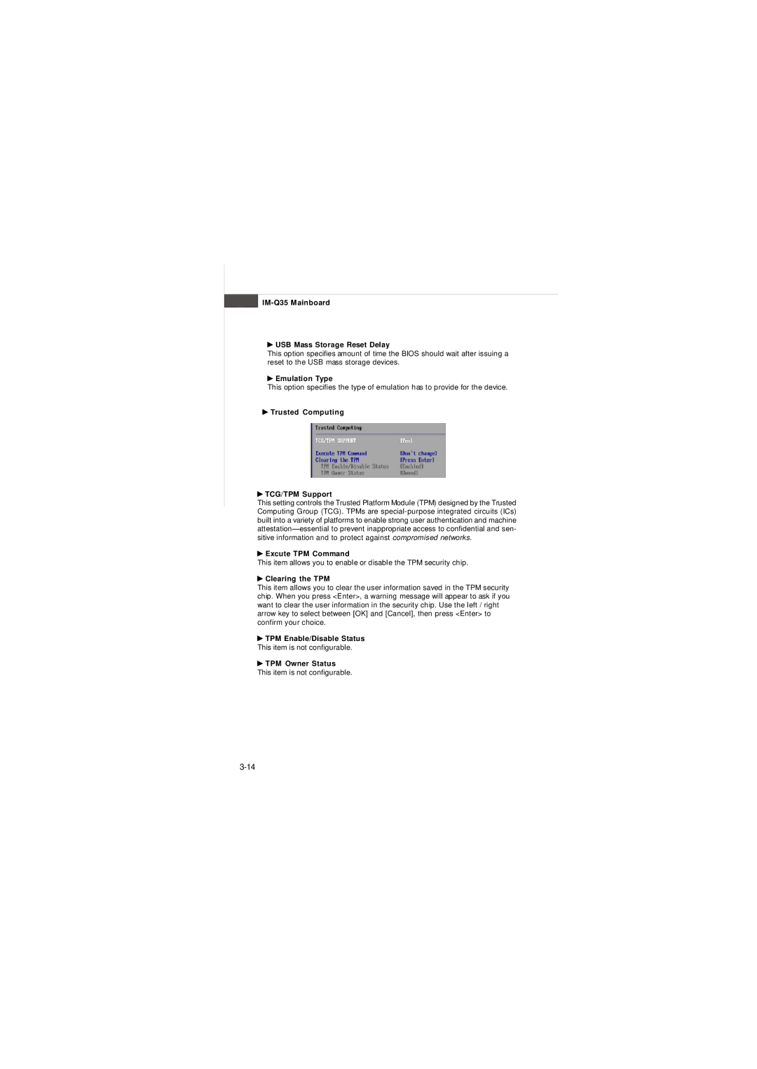 Intel IM-Q35 Series manual IM-Q35 Mainboard USB Mass Storage Reset Delay, Emulation Type, Trusted Computing TCG/TPM Support 