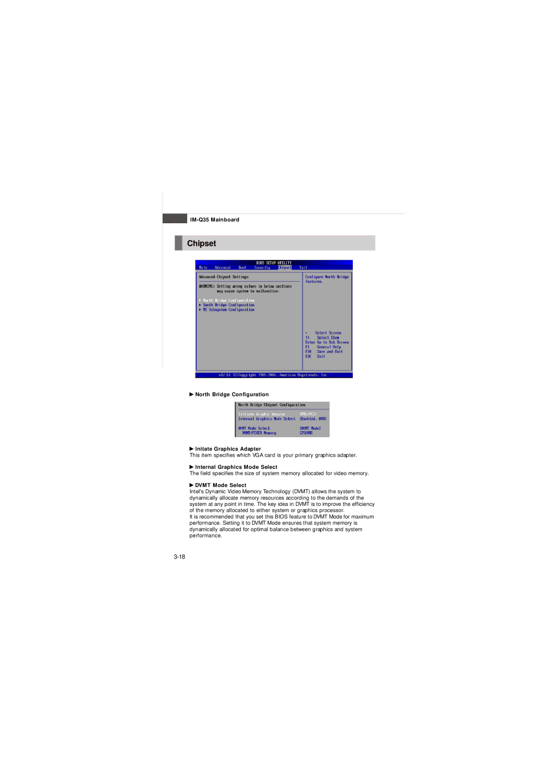 Intel IM-Q35 Series manual Chipset, North Bridge Configuration Initate Graphics Adapter, Internal Graphics Mode Select 