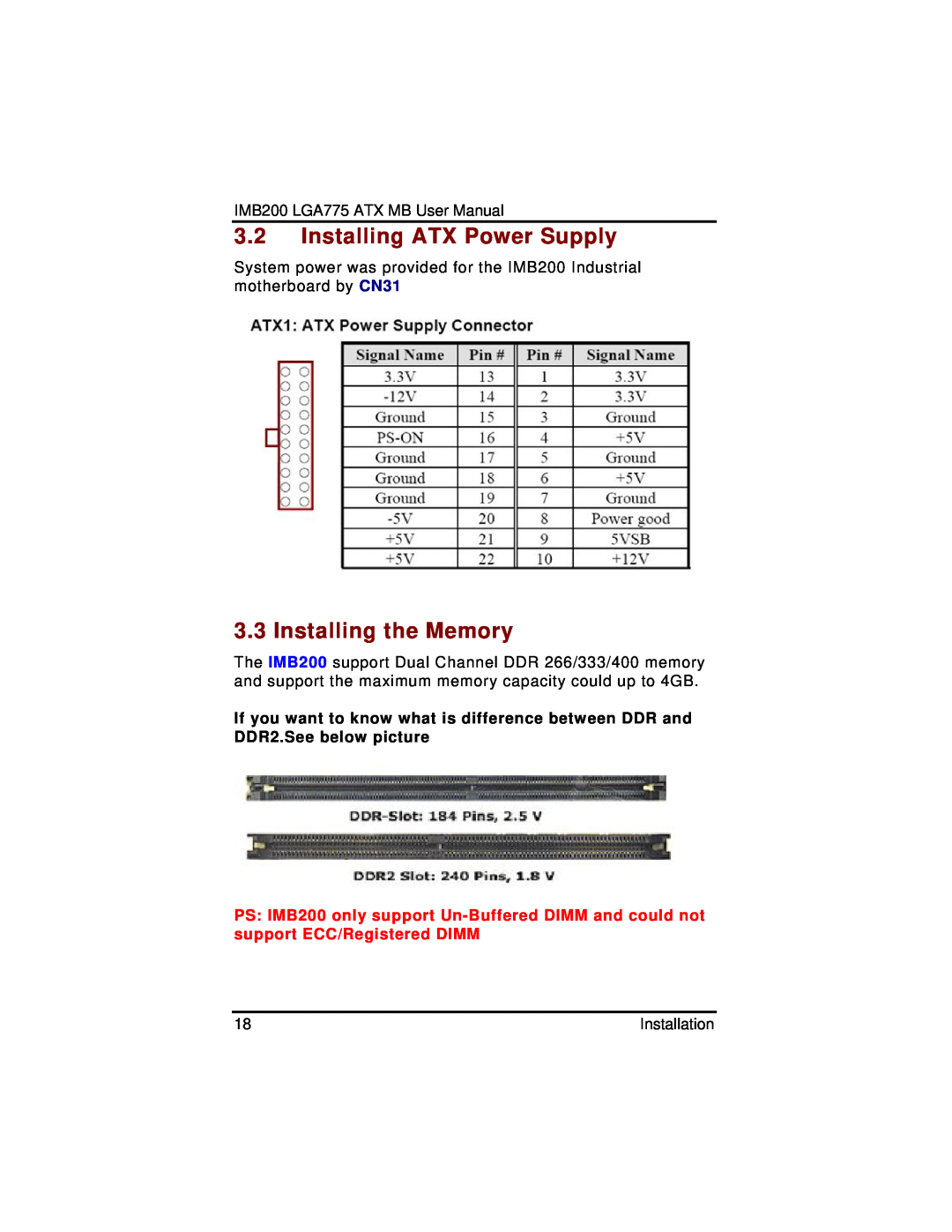 Intel IMB200VGE user manual Installing ATX Power Supply, Installing the Memory 