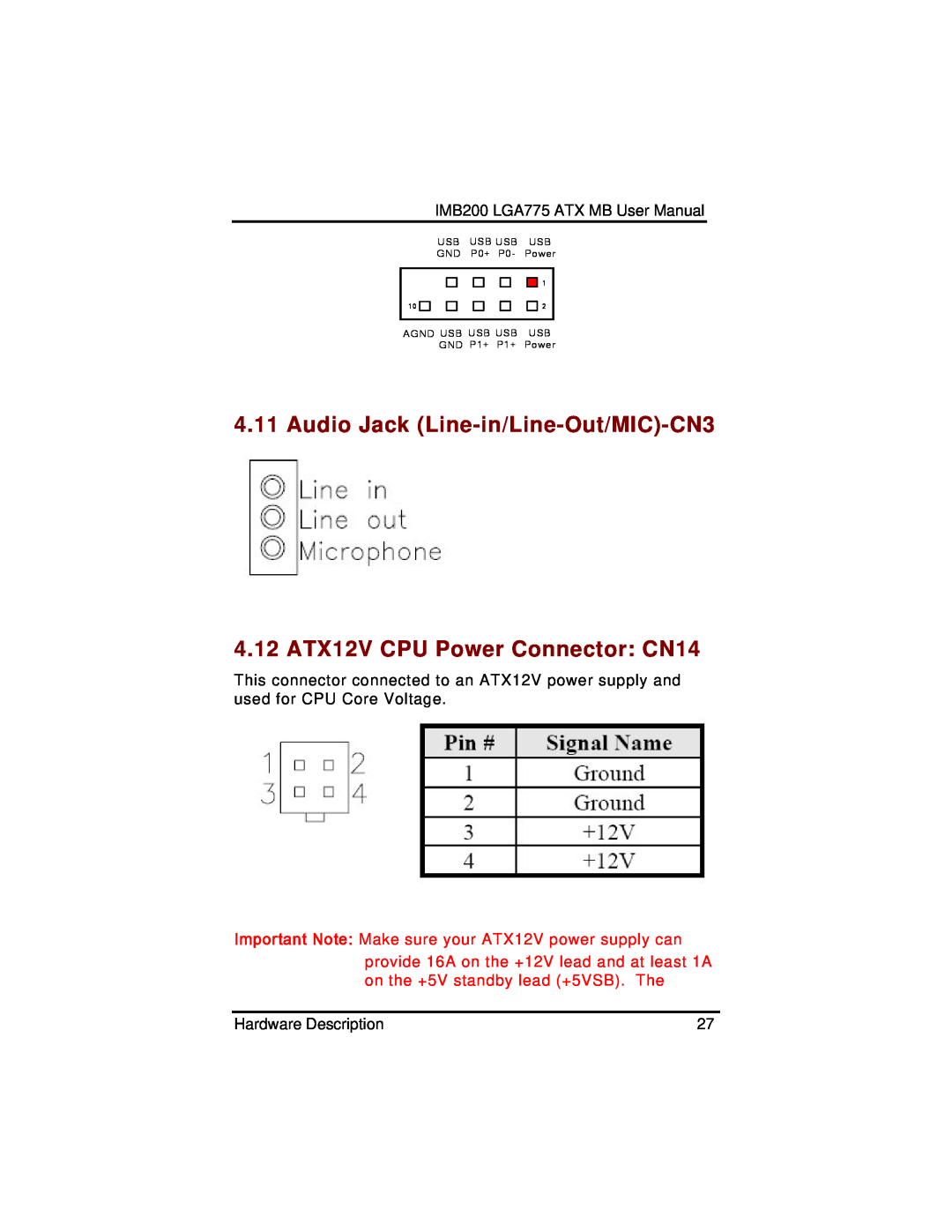 Intel IMB200 Audio Jack Line-in/Line-Out/MIC-CN3, 4.12 ATX12V CPU Power Connector CN14, USB USB USB USB GND P0+ P0- Power 