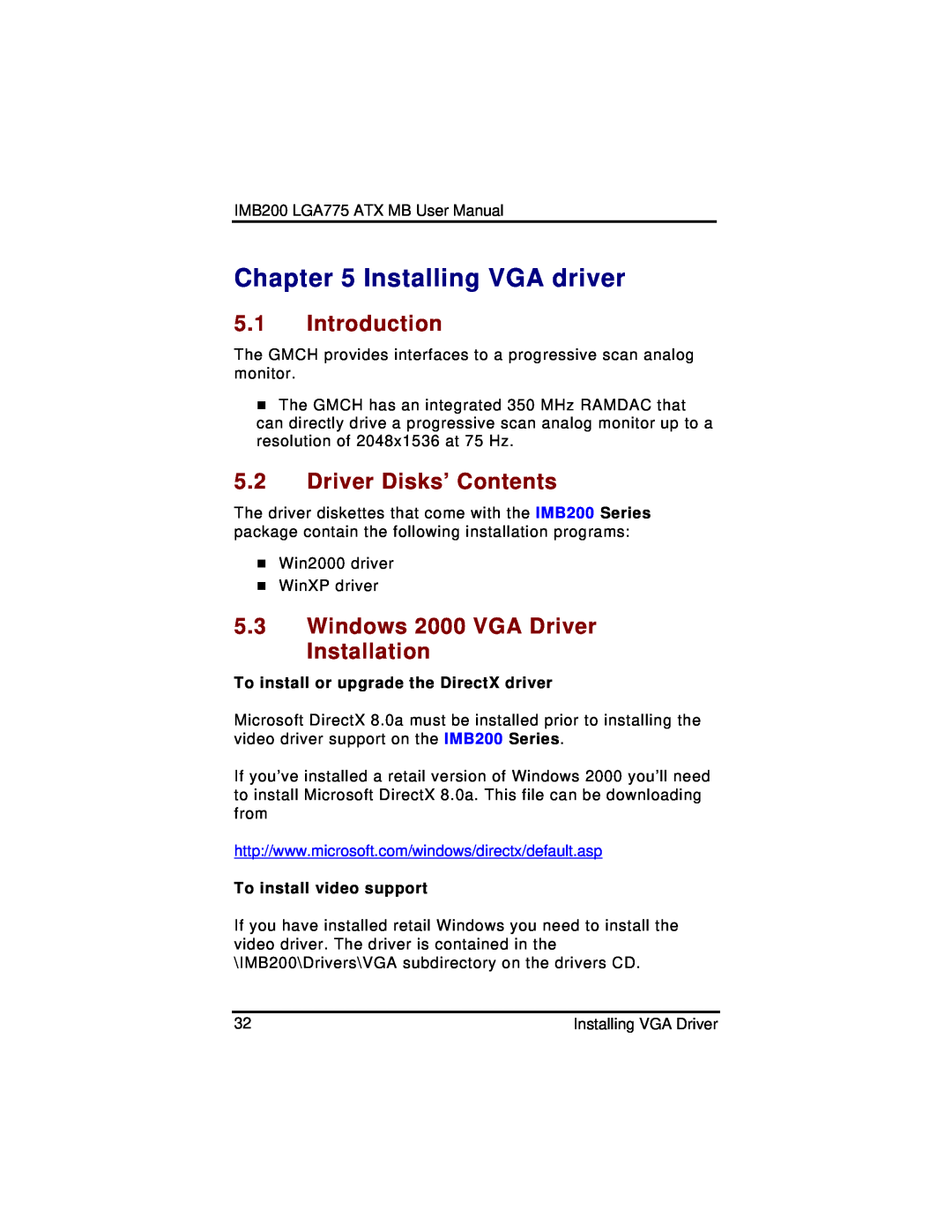 Intel IMB200VG Installing VGA driver, Introduction, Driver Disks’ Contents, Windows 2000 VGA Driver Installation 
