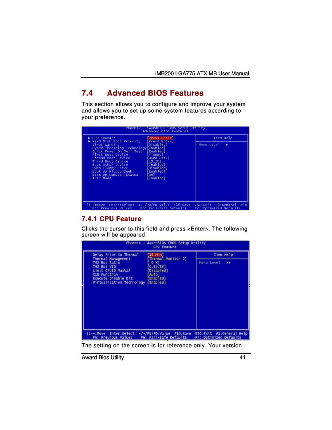 Intel IMB200VGE user manual Advanced BIOS Features, CPU Feature 