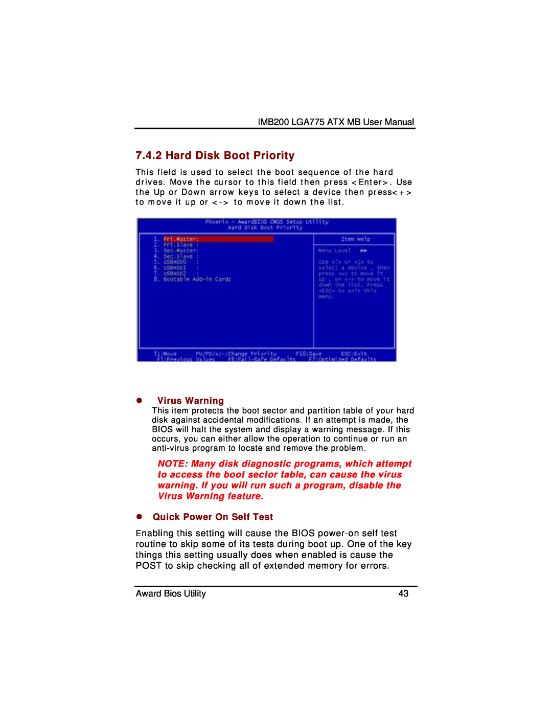Intel IMB200VGE user manual Hard Disk Boot Priority, z Virus Warning, z Quick Power On Self Test 