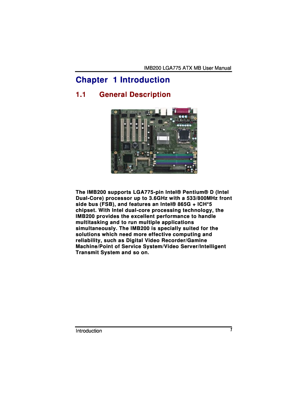 Intel IMB200VGE user manual Introduction, General Description 