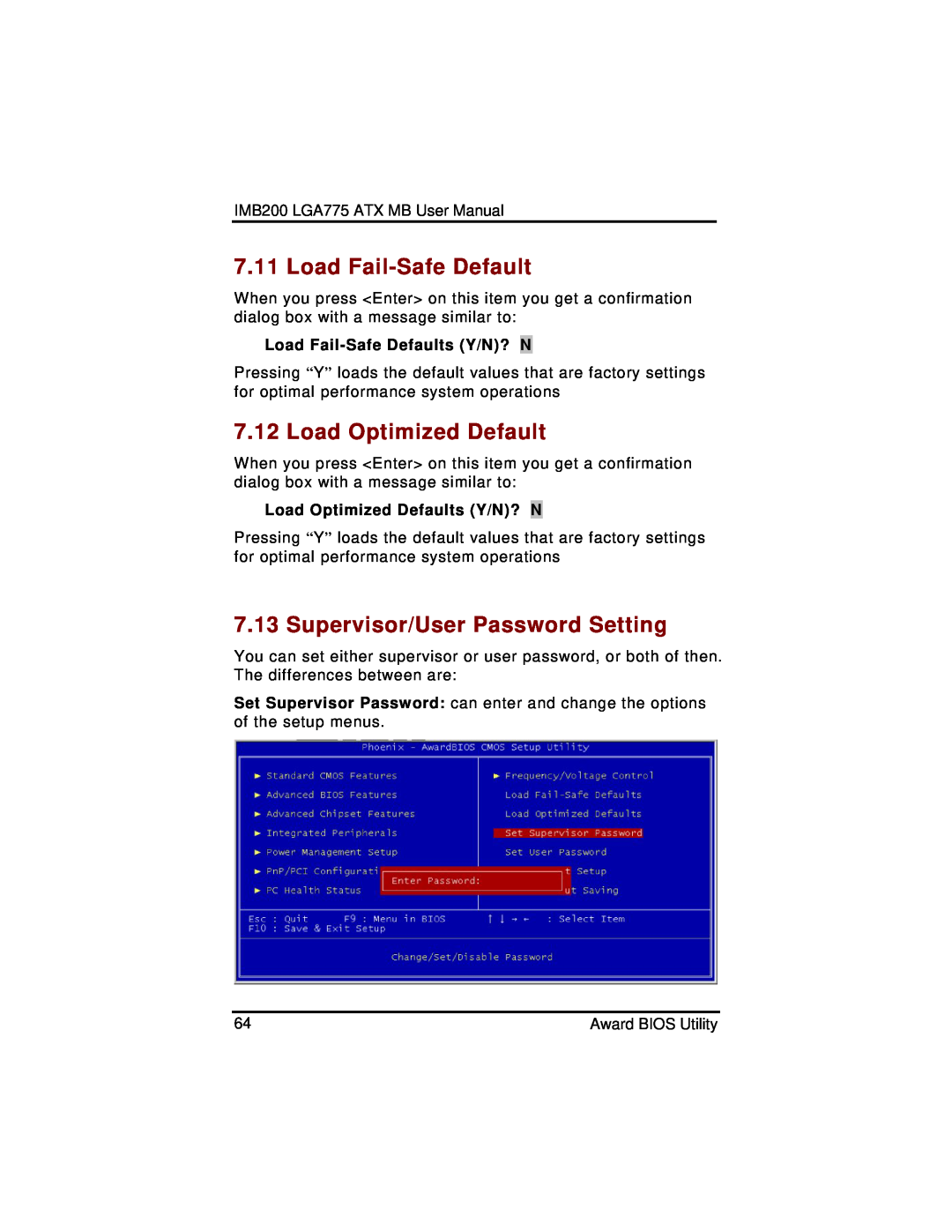 Intel IMB200VGE user manual Load Fail-Safe Default, Load Optimized Default, Supervisor/User Password Setting 
