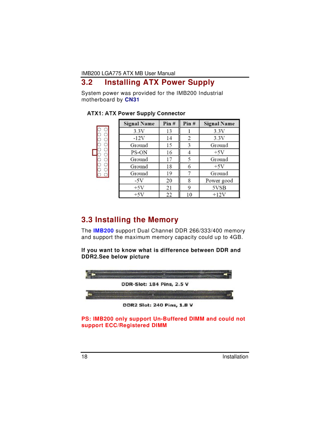 Intel IMB200VGE user manual Installing ATX Power Supply, Installing the Memory 