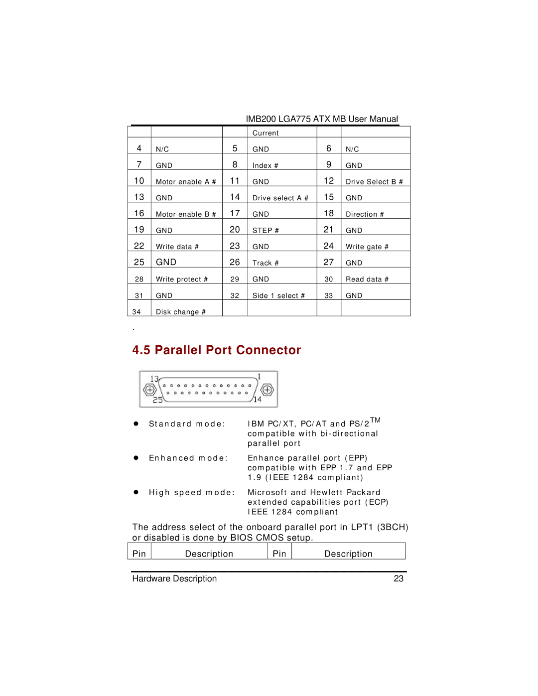 Intel IMB200VGE user manual Parallel Port Connector 