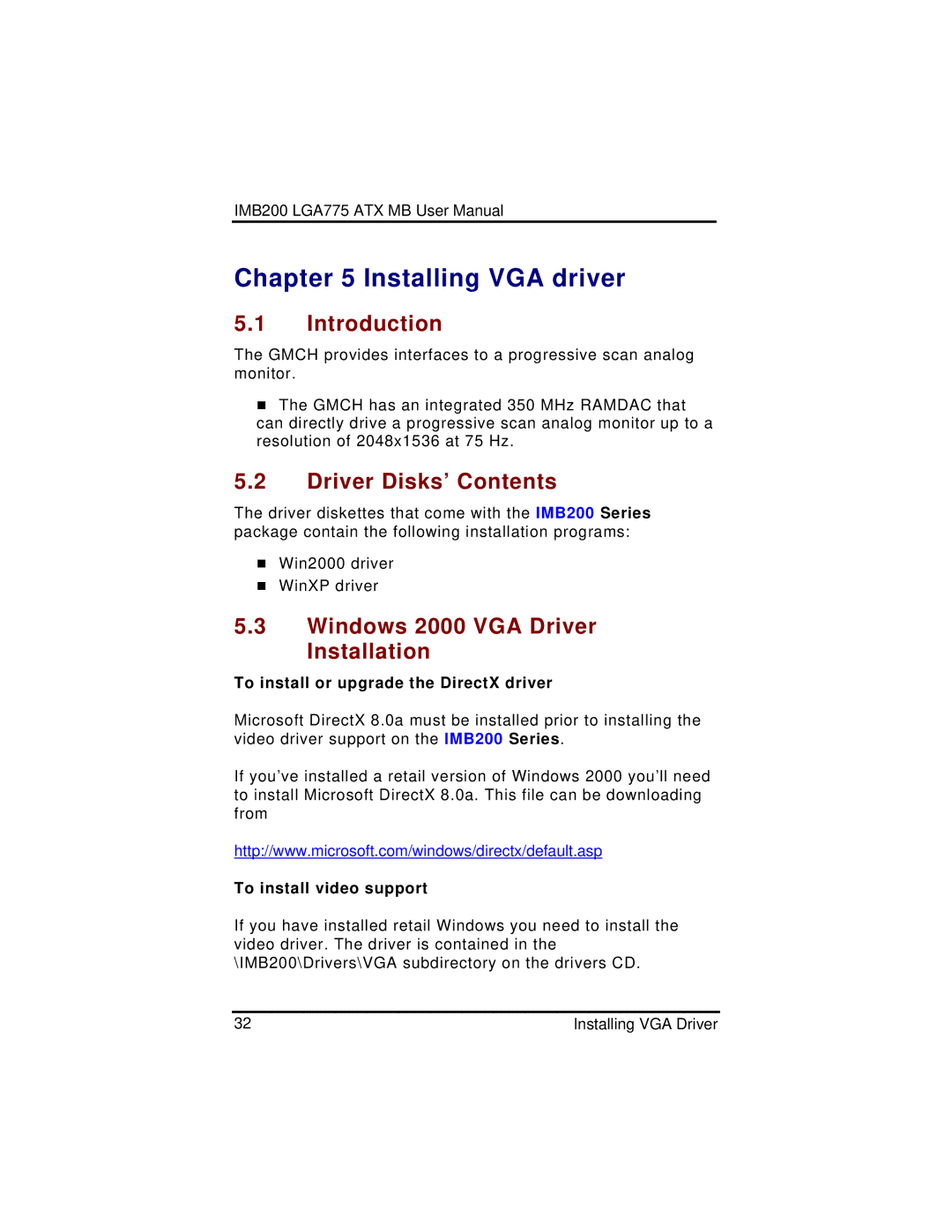 Intel IMB200VG Installing VGA driver, Introduction, Driver Disks’ Contents, Windows 2000 VGA Driver Installation 