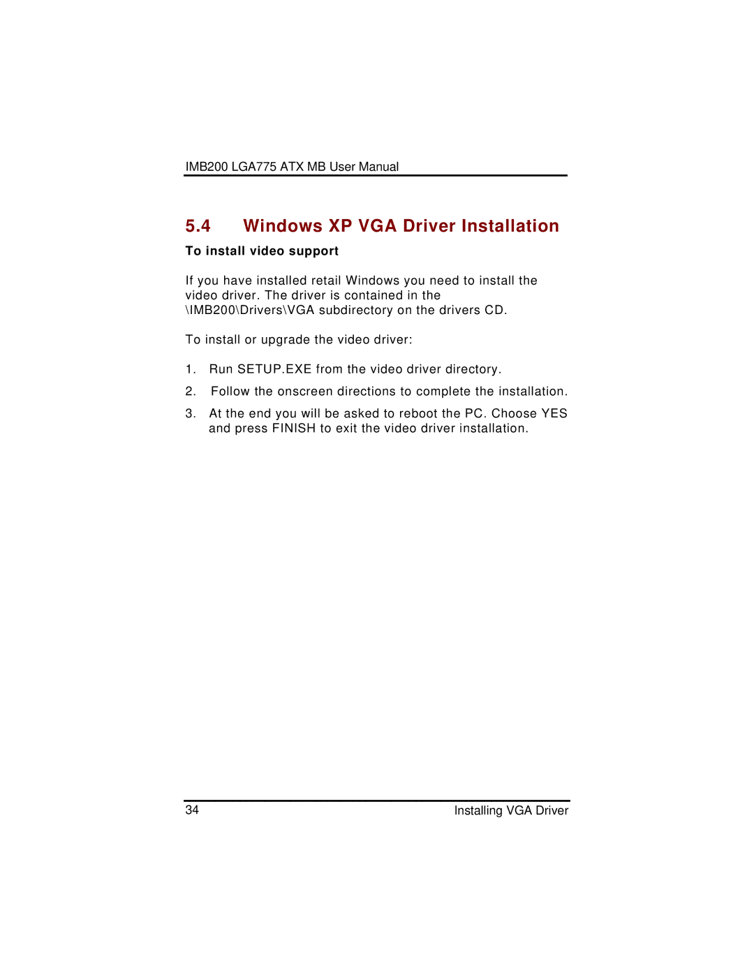 Intel IMB200VGE user manual Windows XP VGA Driver Installation 