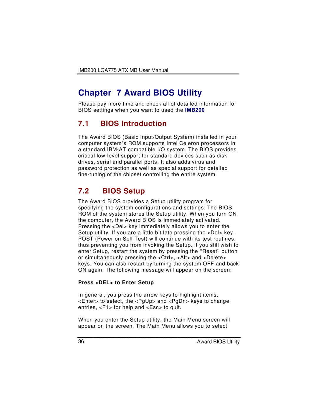 Intel IMB200VGE user manual Award Bios Utility, Bios Introduction, Bios Setup 