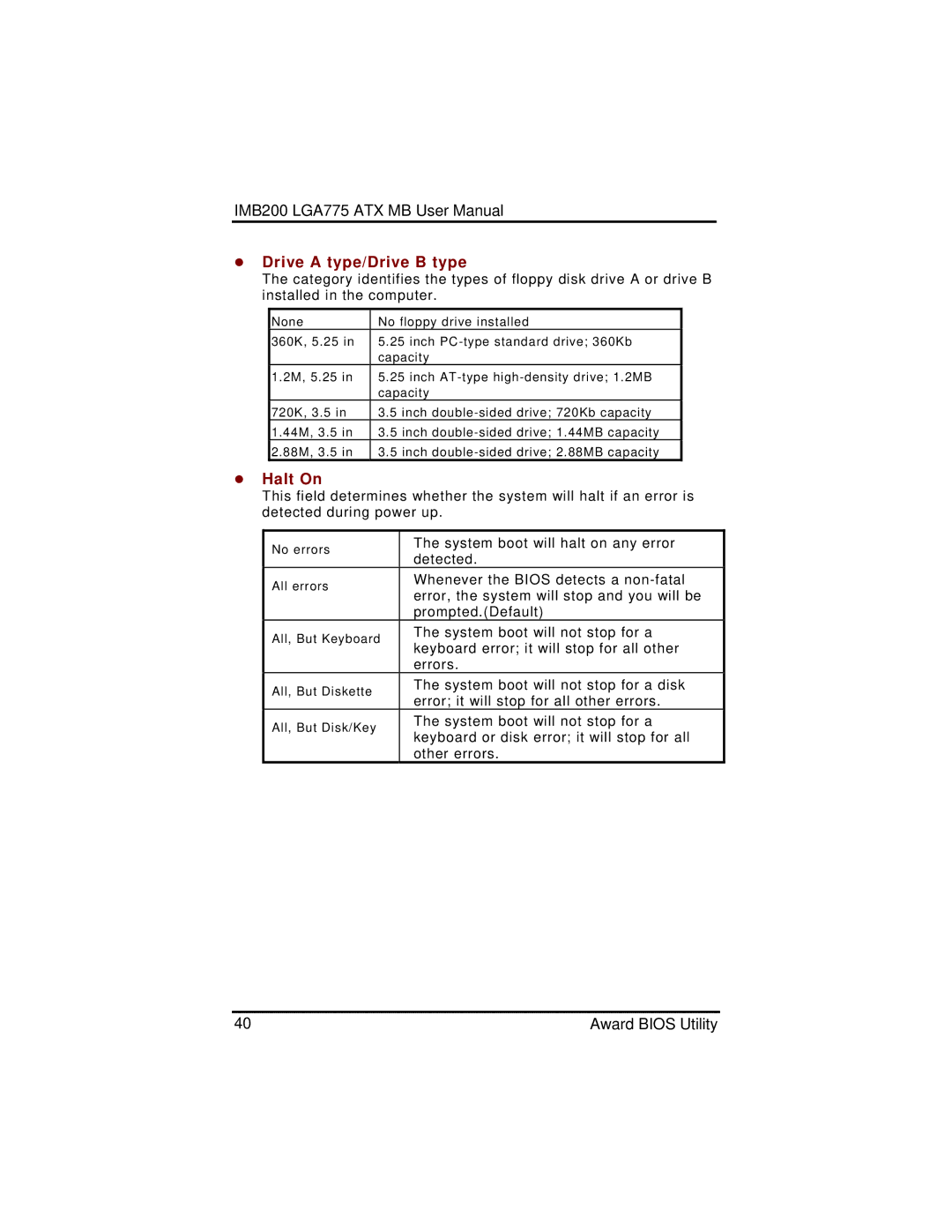 Intel IMB200VGE user manual Drive a type/Drive B type, Halt On 