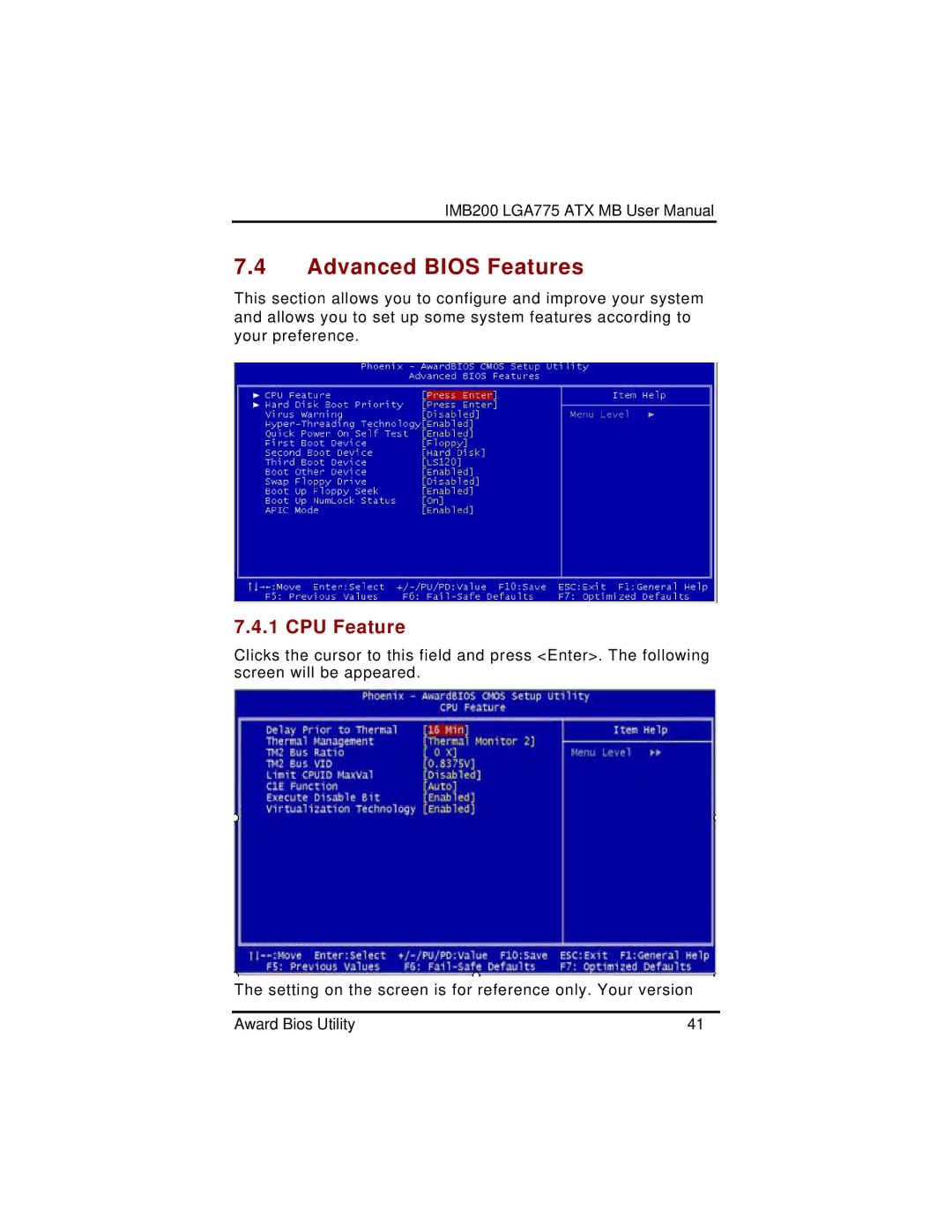 Intel IMB200VGE user manual Advanced Bios Features, CPU Feature 