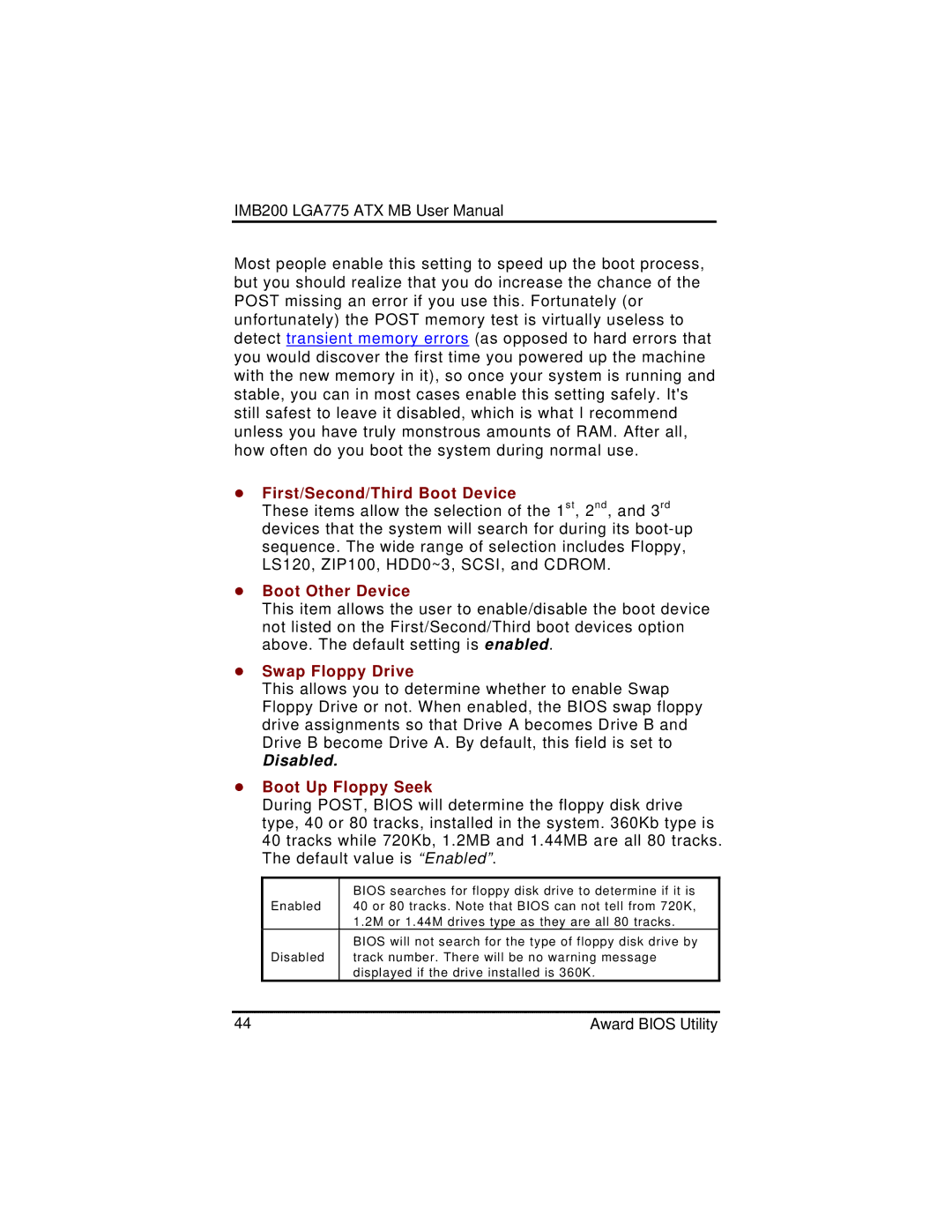 Intel IMB200VGE user manual First/Second/Third Boot Device, Boot Other Device, Swap Floppy Drive, Boot Up Floppy Seek 