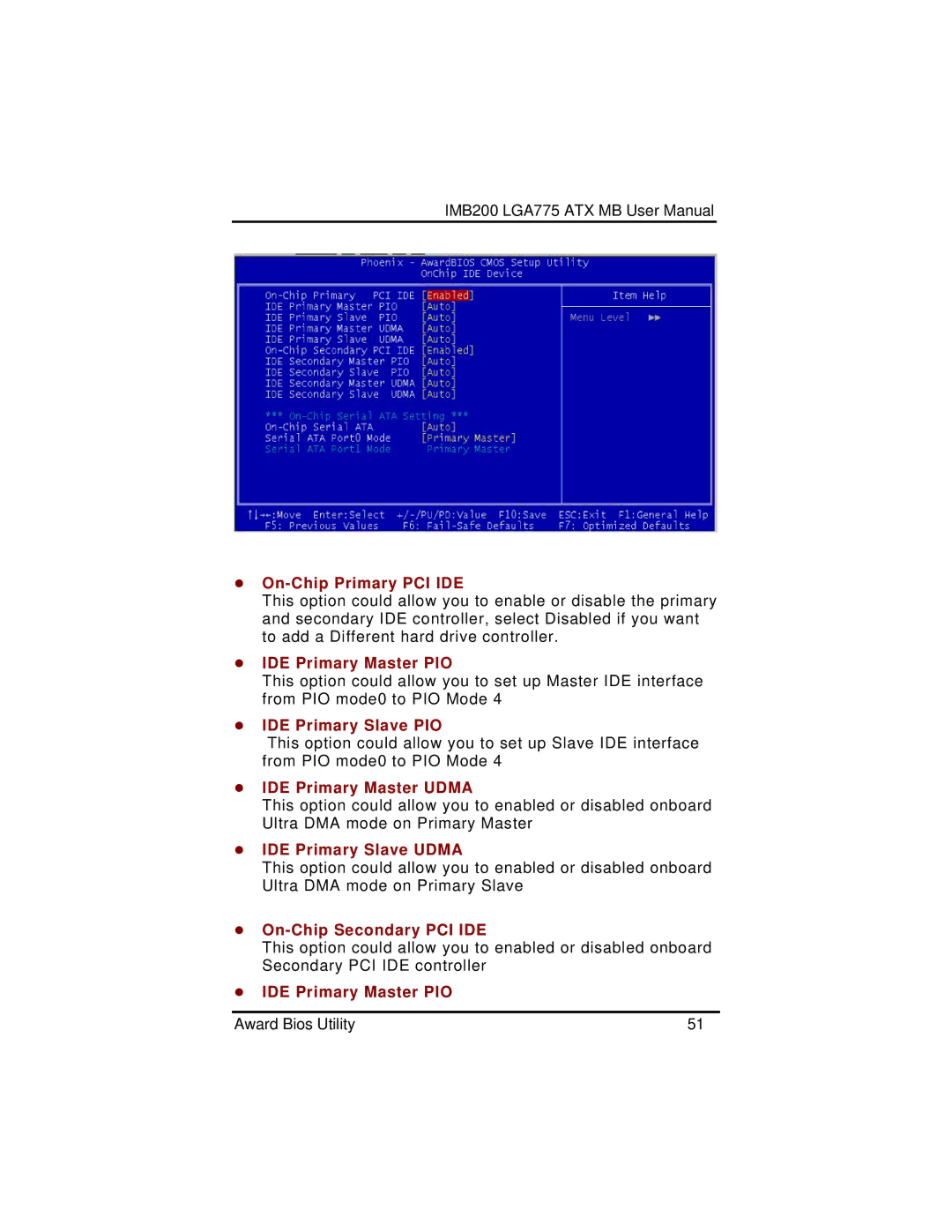 Intel IMB200VGE On-Chip Primary PCI IDE, IDE Primary Master PIO, IDE Primary Slave PIO, IDE Primary Master Udma 