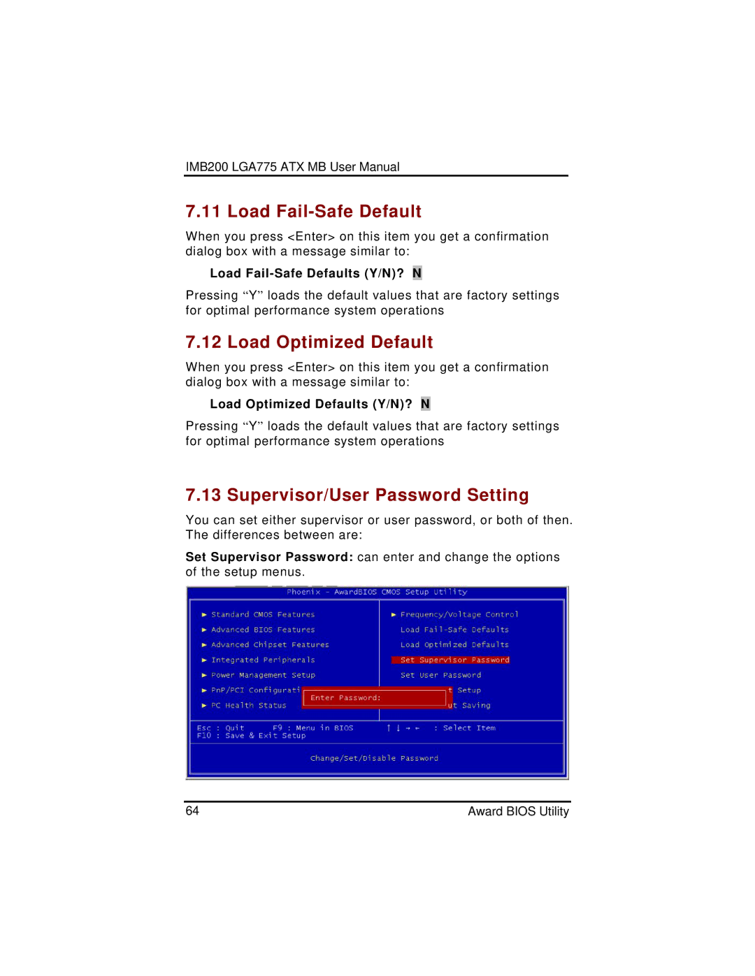 Intel IMB200VGE user manual Load Fail-Safe Default, Load Optimized Default, Supervisor/User Password Setting 