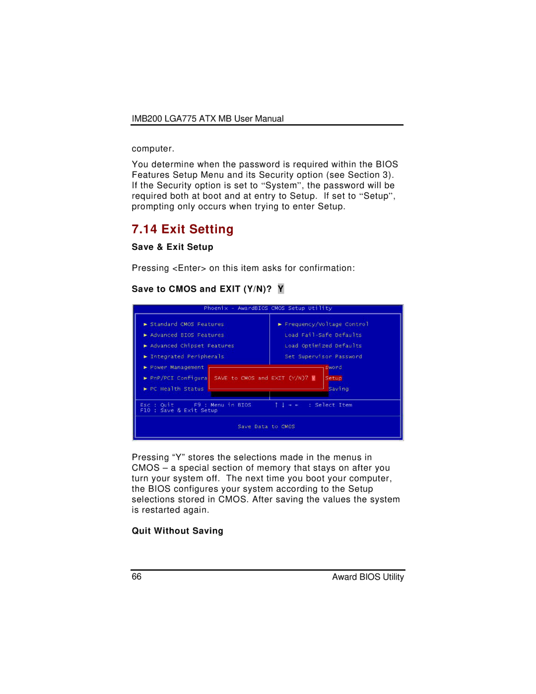 Intel IMB200VGE user manual Exit Setting, Save to Cmos and Exit Y/N? Y 