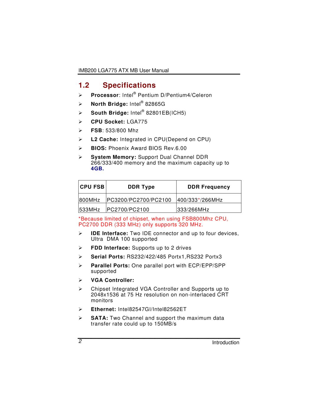 Intel IMB200VGE user manual Specifications, ¾ CPU Socket LGA775 