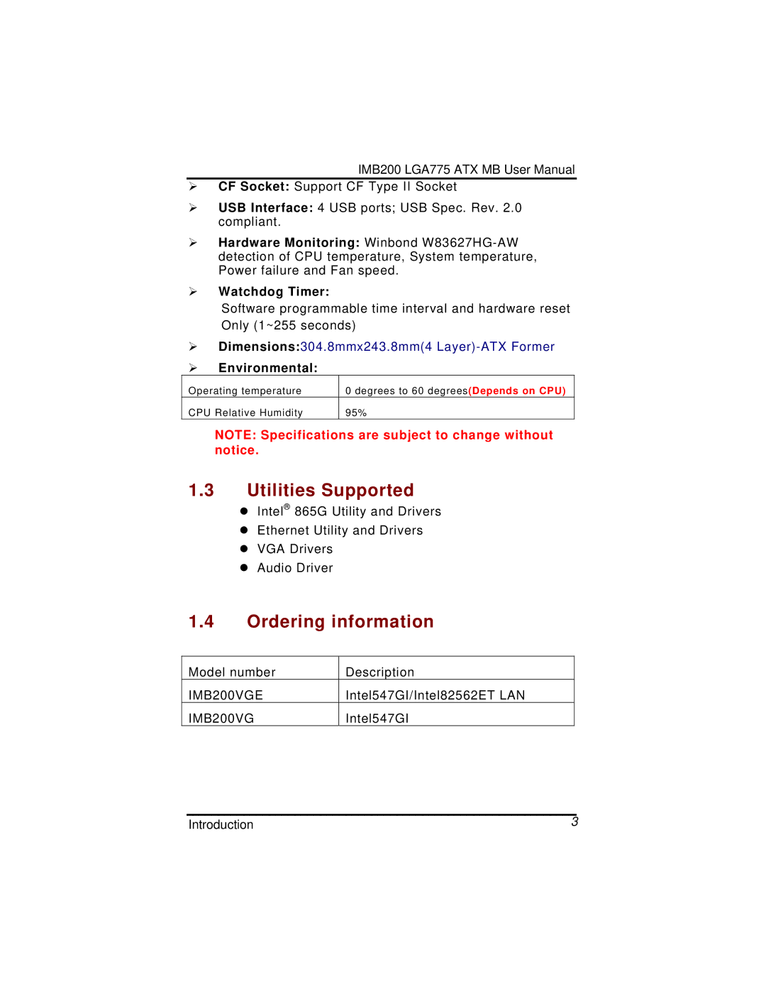 Intel IMB200VGE user manual Utilities Supported, Ordering information 