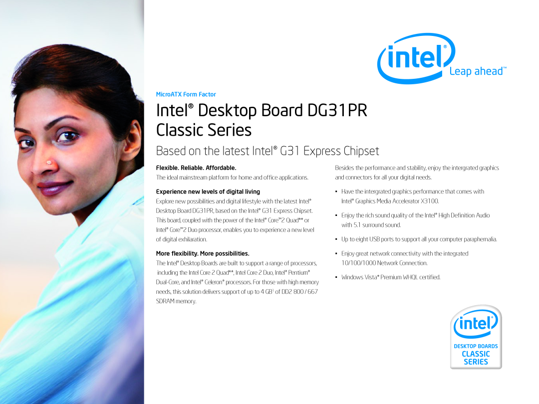 Intel Intel Desktop Board Classic Series manual Intel Desktop Board DG31PR Classic Series, MicroATX Form Factor 