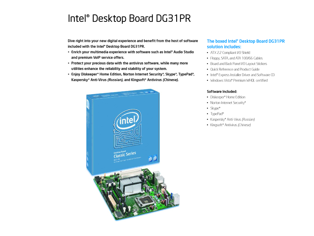 Intel Intel Desktop Board Classic Series manual Boxed Intel Desktop Board DG31PR solution includes 