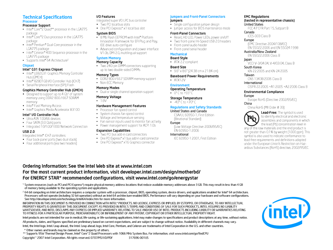 Intel DG31PR, Intel Desktop Board Classic Series manual Technical Speciﬁcations, Processor 