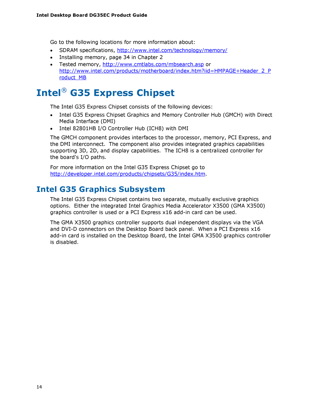 Intel Intel Desktop Board, DG35EC manual Intel G35 Express Chipset, Intel G35 Graphics Subsystem 