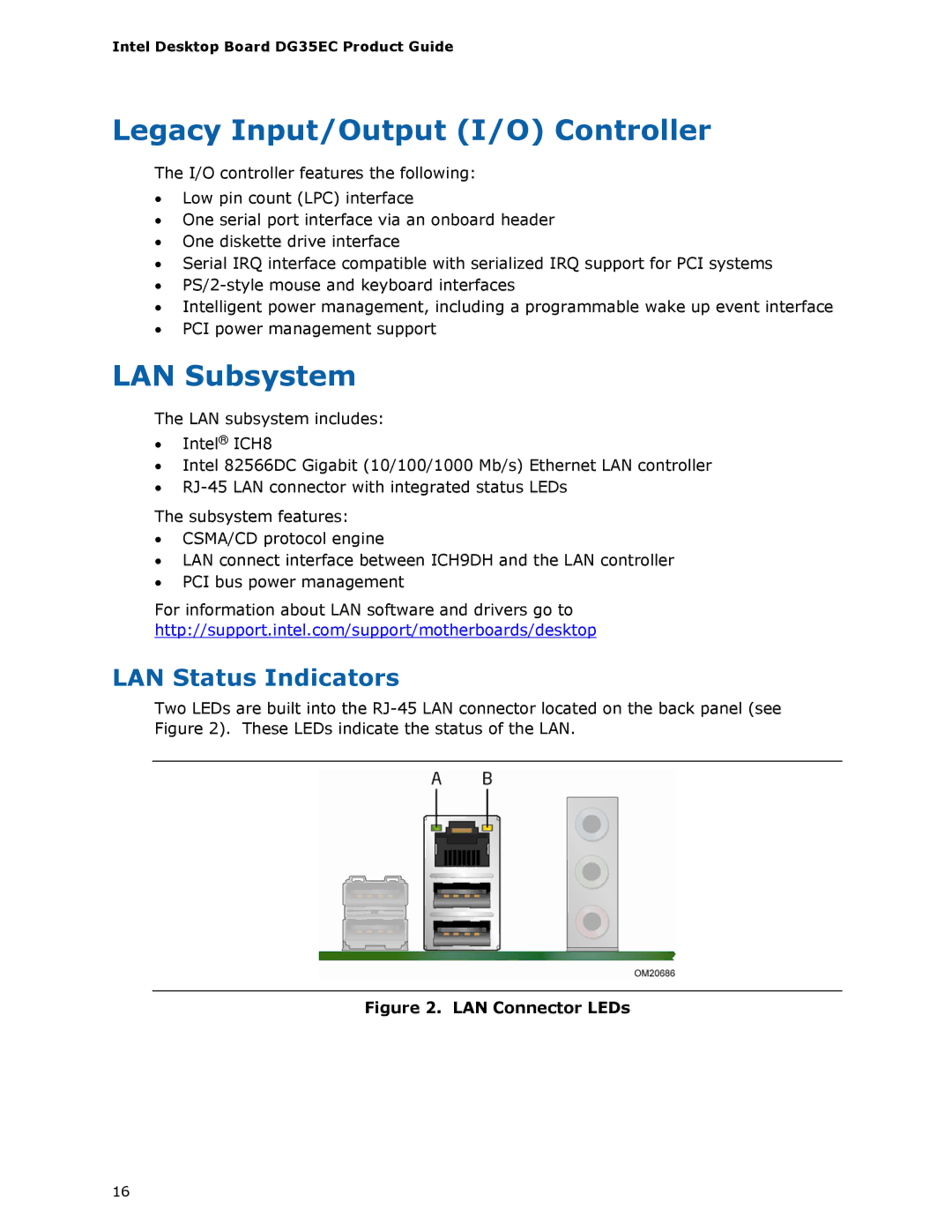 Intel Intel Desktop Board, DG35EC manual Legacy Input/Output I/O Controller, LAN Subsystem, LAN Status Indicators 