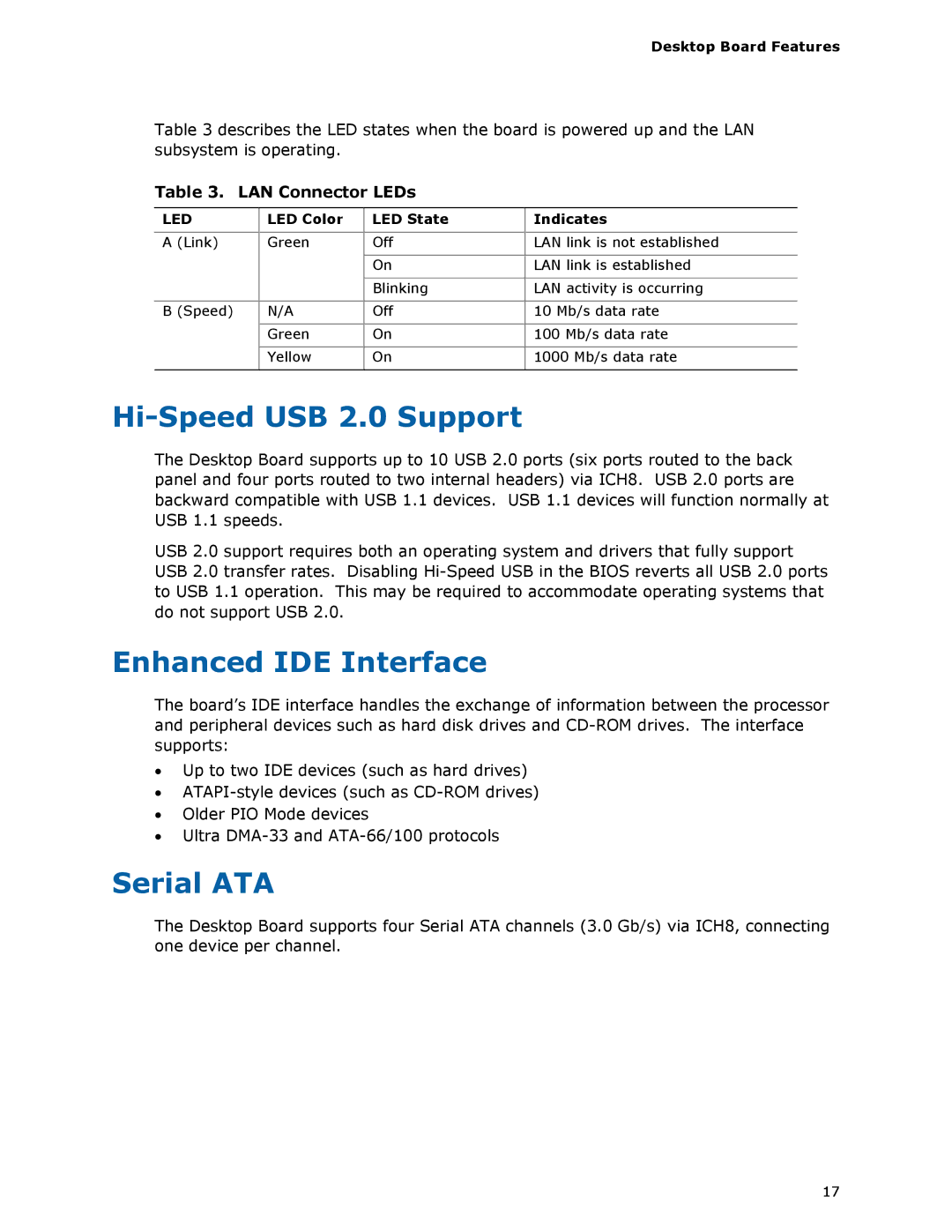 Intel DG35EC manual Hi-Speed USB 2.0 Support, Enhanced IDE Interface, Serial ATA, LED Color LED State Indicates 