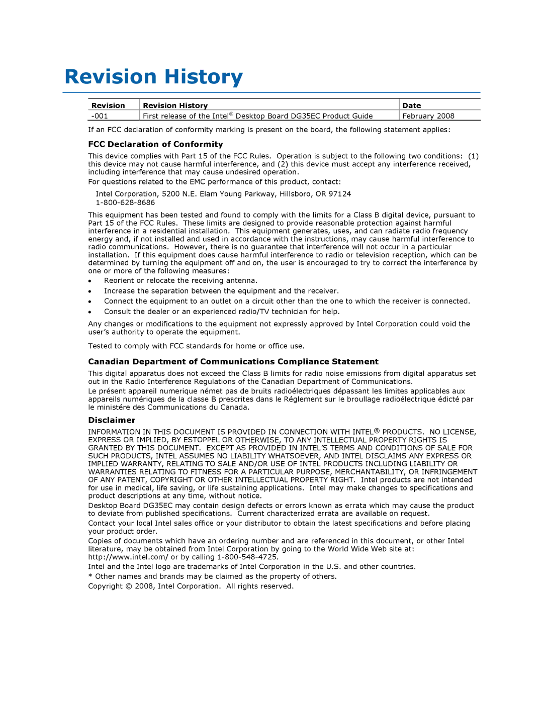 Intel Intel Desktop Board, DG35EC manual Revision History, FCC Declaration of Conformity, Disclaimer 