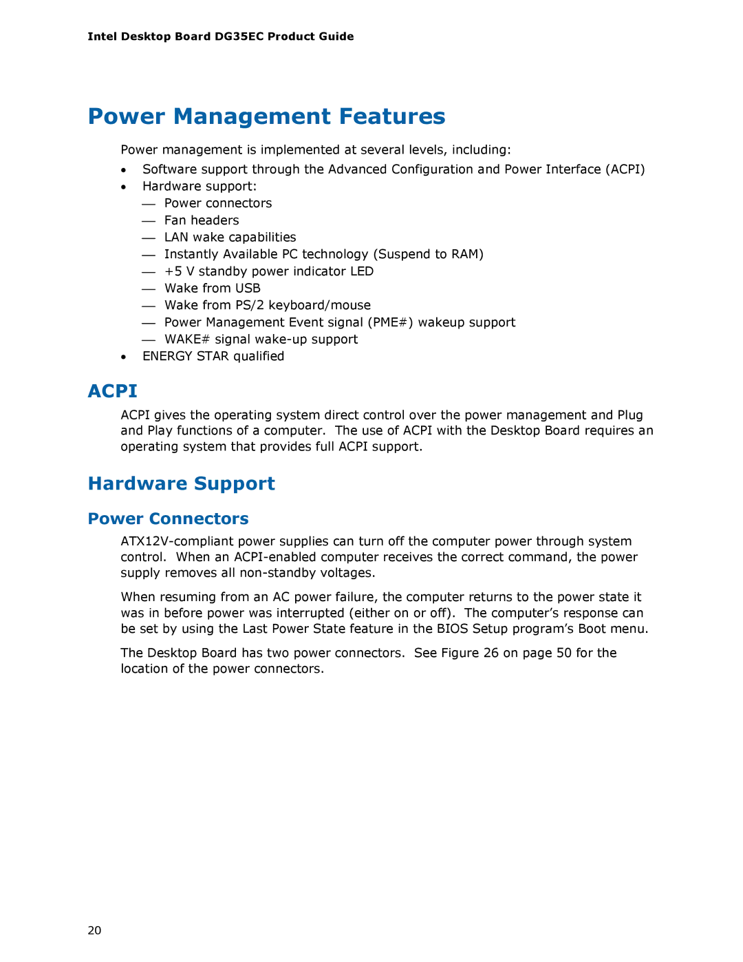 Intel Intel Desktop Board, DG35EC manual Power Management Features, Hardware Support, Power Connectors 