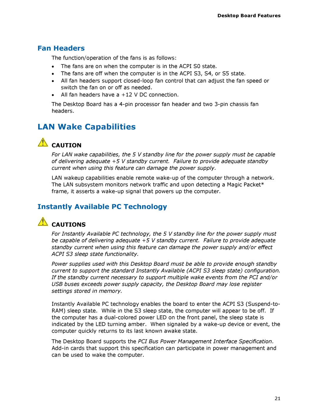 Intel DG35EC, Intel Desktop Board manual LAN Wake Capabilities, Fan Headers, Instantly Available PC Technology 