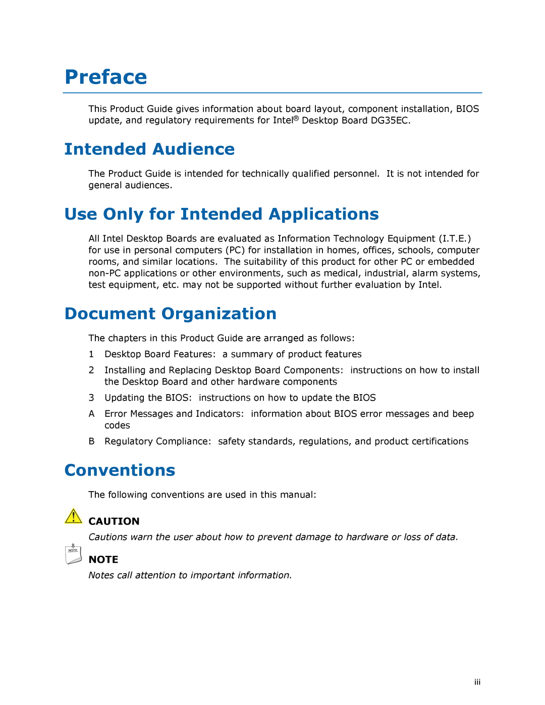 Intel DG35EC manual Preface, Intended Audience, Use Only for Intended Applications, Document Organization, Conventions 