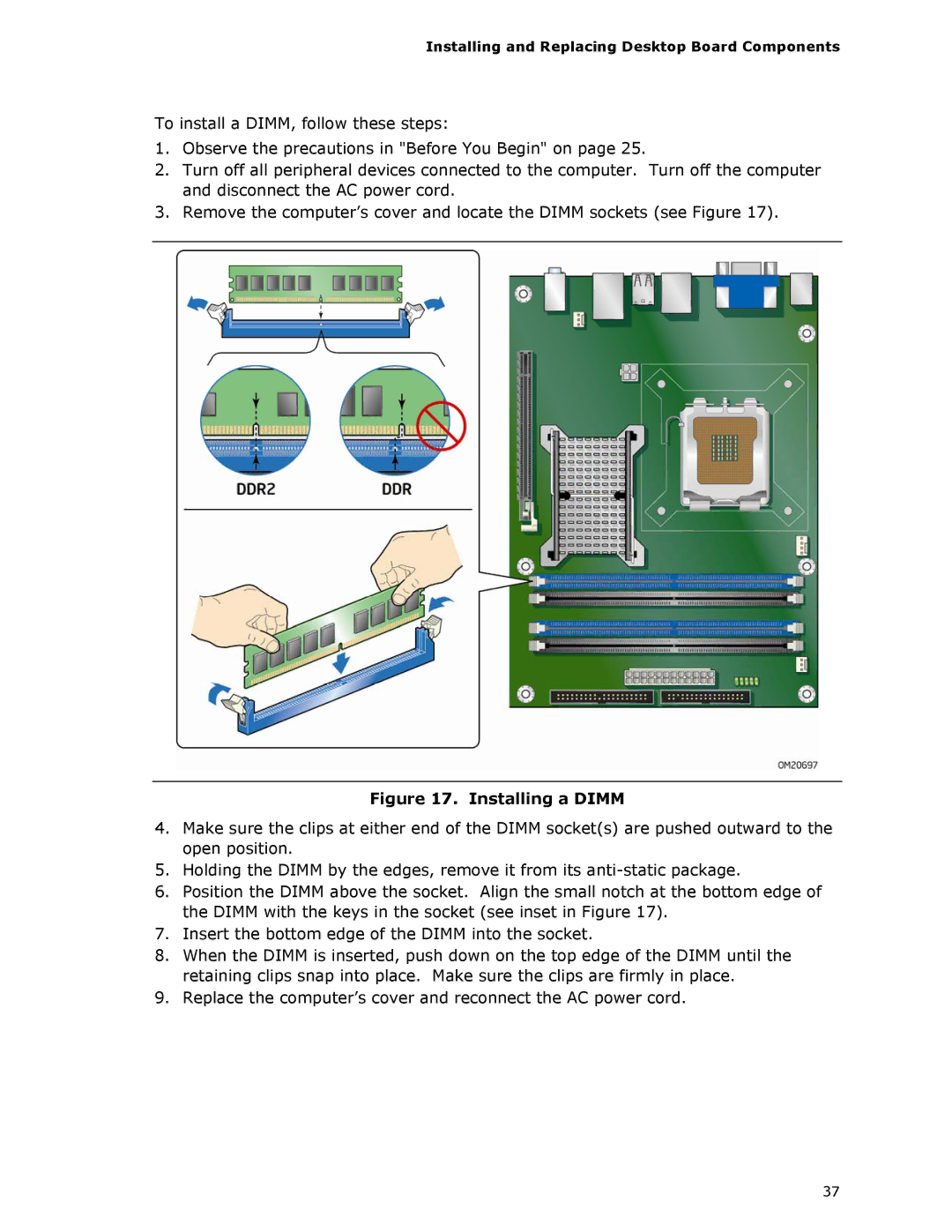 Intel DG35EC, Intel Desktop Board manual Installing a Dimm 