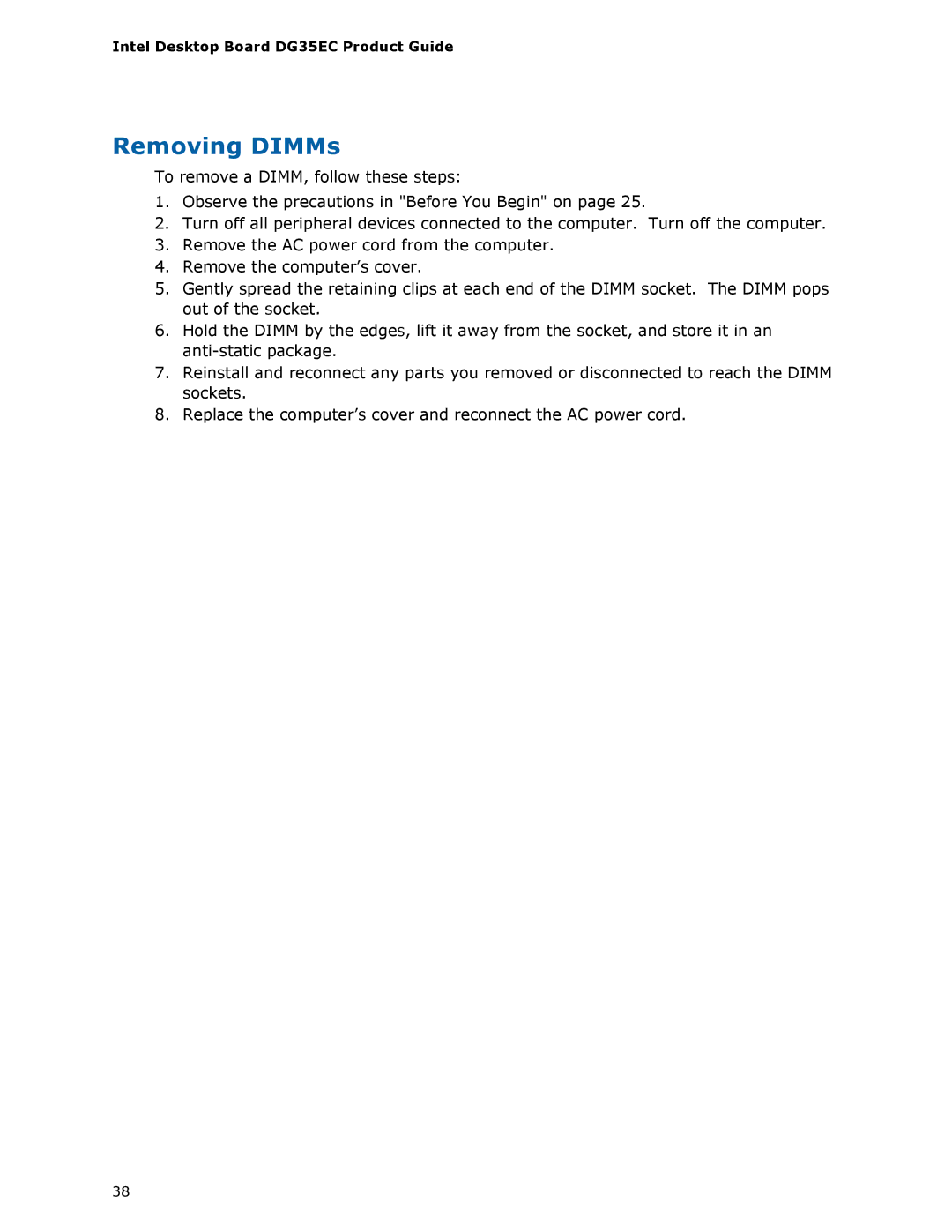 Intel Intel Desktop Board, DG35EC manual Removing DIMMs 