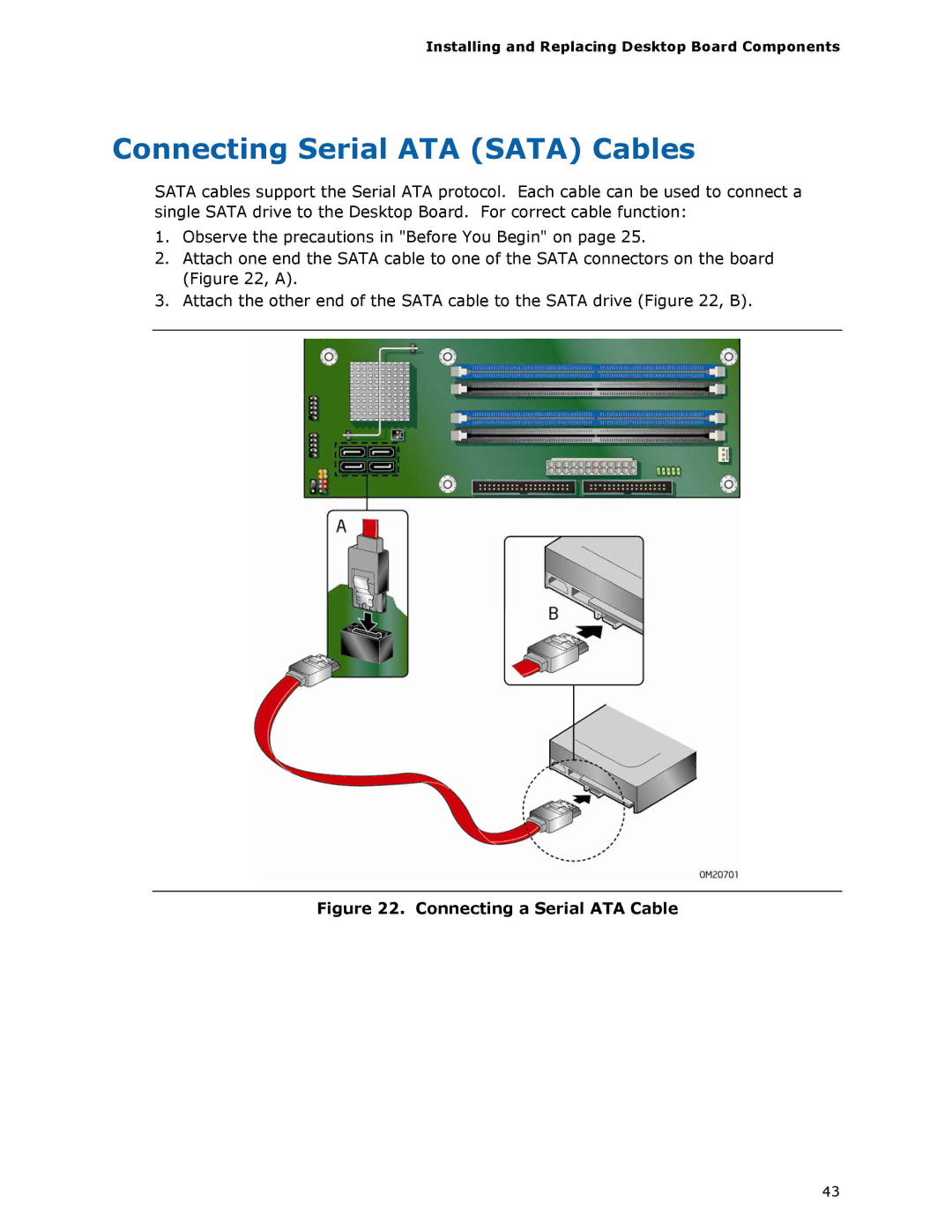 Intel DG35EC, Intel Desktop Board manual Connecting Serial ATA Sata Cables, Connecting a Serial ATA Cable 