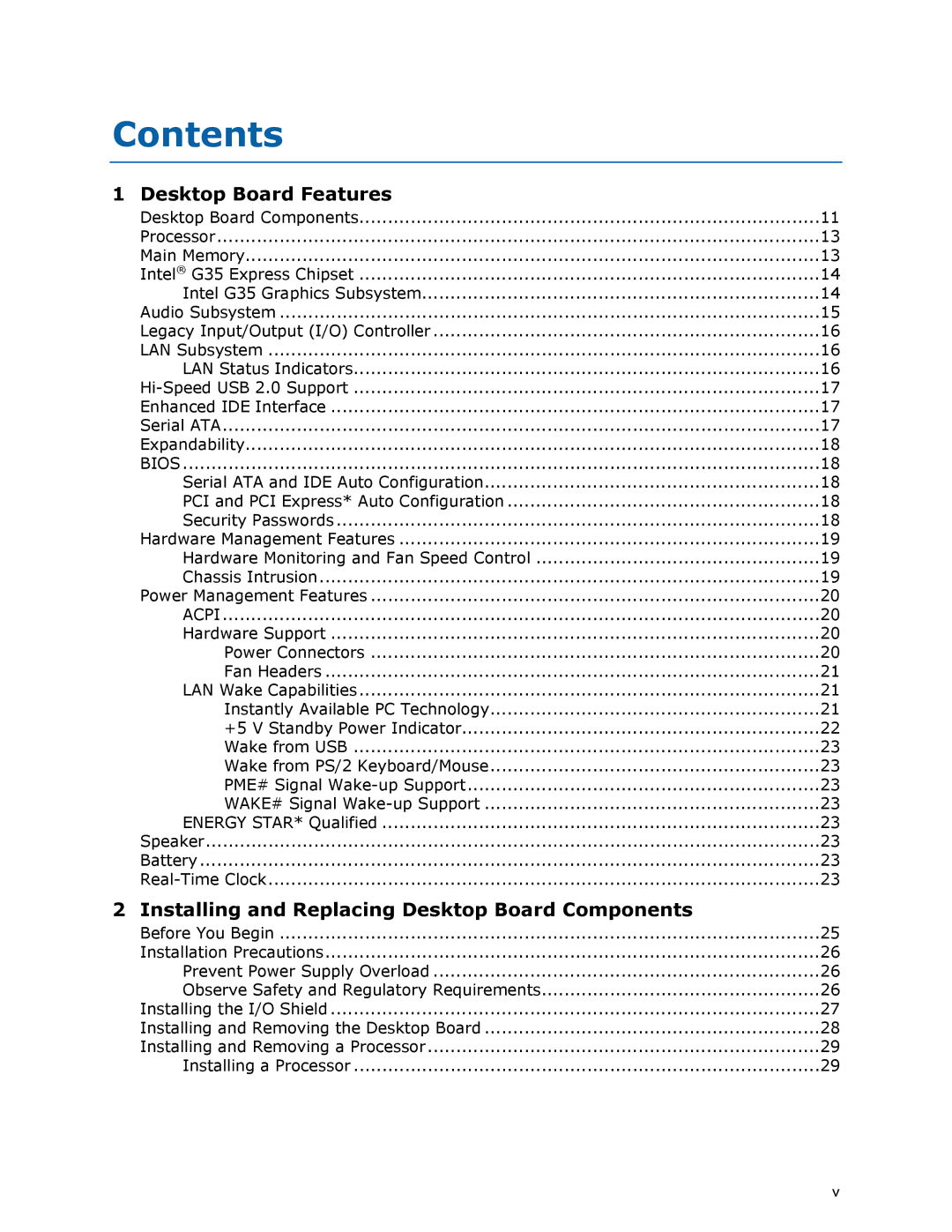 Intel DG35EC, Intel Desktop Board manual Contents 