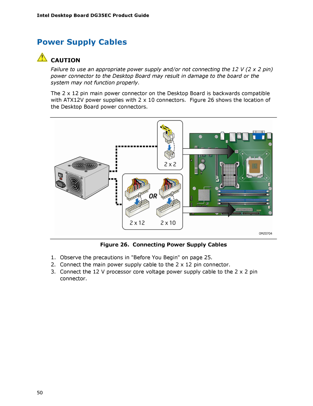 Intel Intel Desktop Board, DG35EC manual Connecting Power Supply Cables 