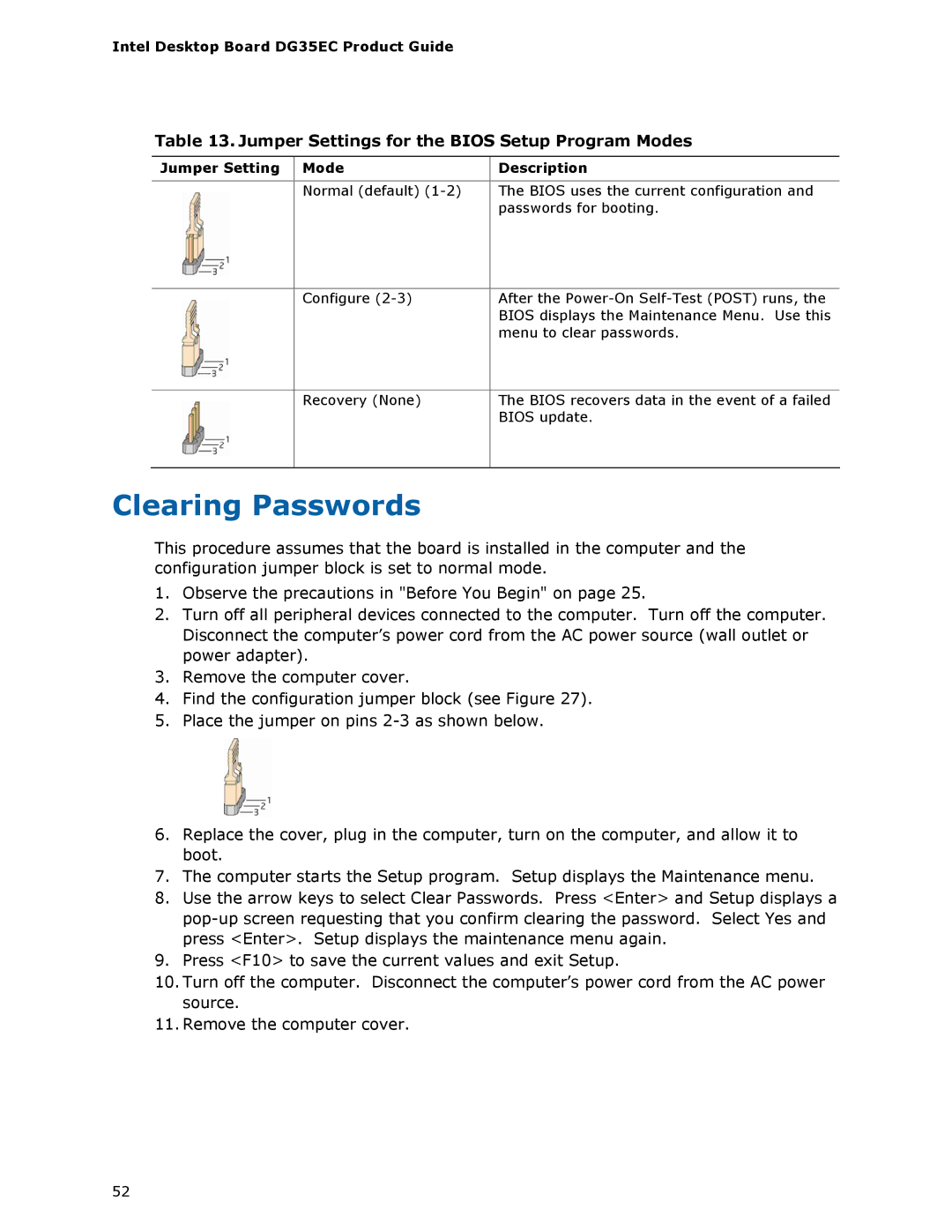 Intel Intel Desktop Board, DG35EC manual Clearing Passwords, Jumper Settings for the Bios Setup Program Modes 