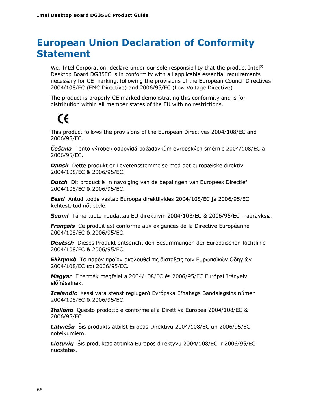 Intel Intel Desktop Board, DG35EC manual European Union Declaration of Conformity Statement 