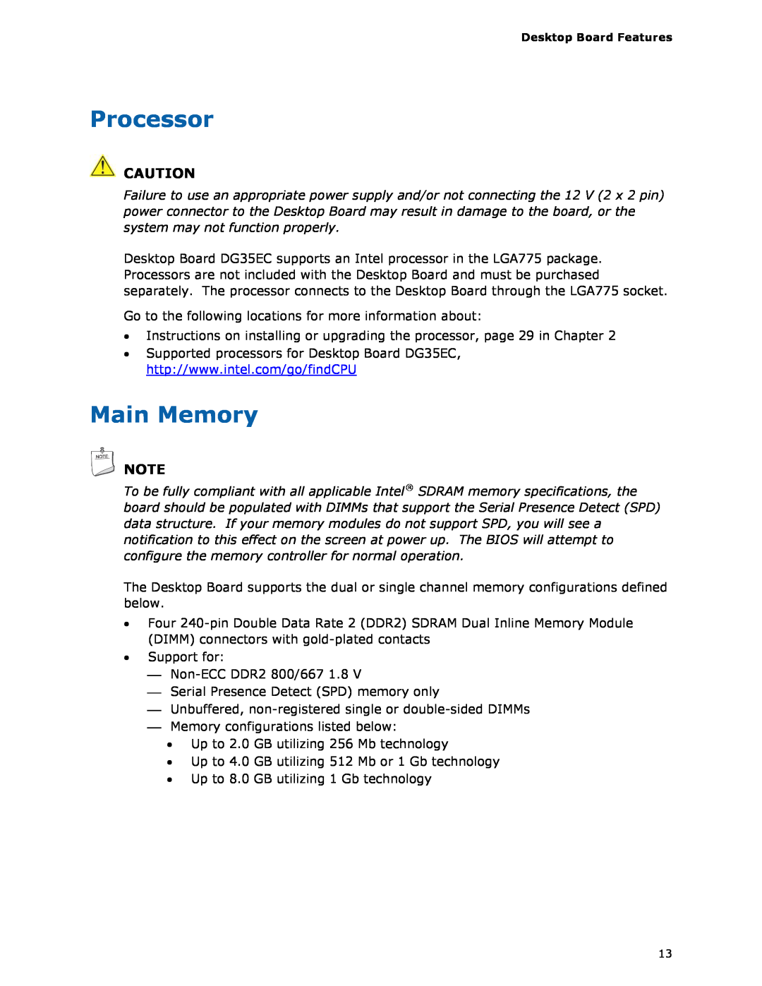 Intel DG35EC, Intel Desktop Board manual Processor, Main Memory 