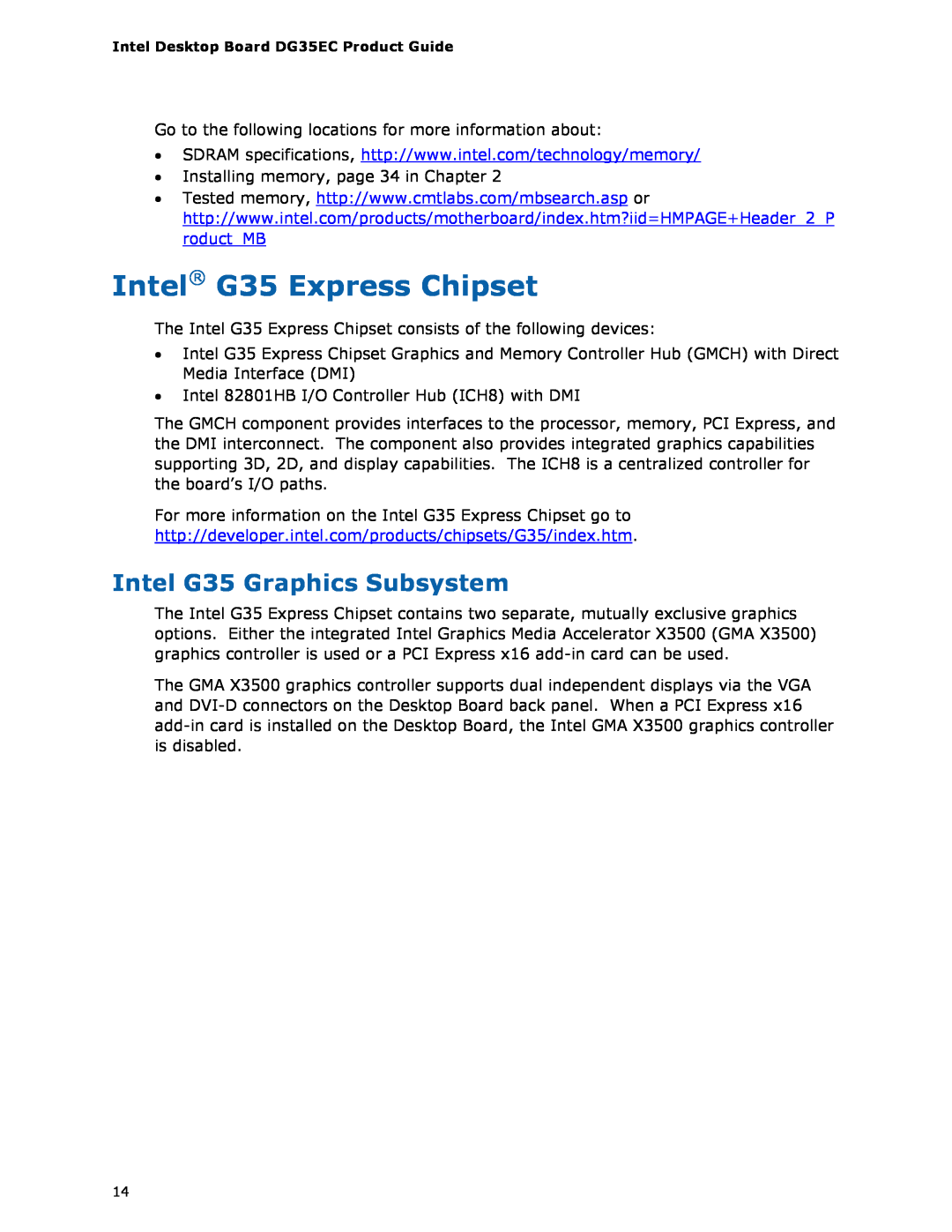 Intel Intel Desktop Board, DG35EC manual Intel G35 Express Chipset, Intel G35 Graphics Subsystem 