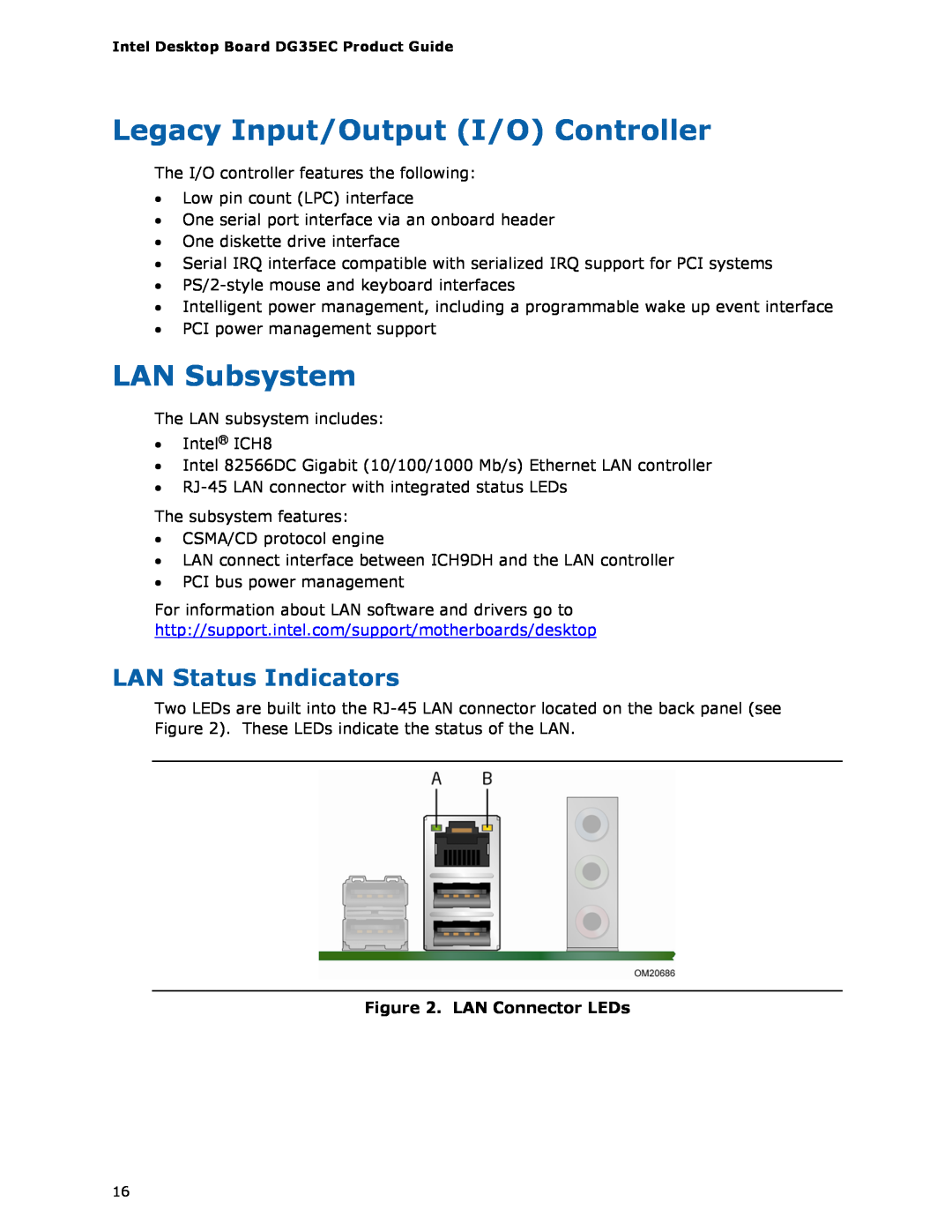Intel Intel Desktop Board Legacy Input/Output I/O Controller, LAN Subsystem, LAN Status Indicators, LAN Connector LEDs 