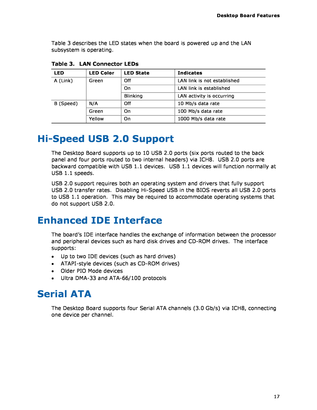 Intel DG35EC, Intel Desktop Board manual Hi-Speed USB 2.0 Support, Enhanced IDE Interface, Serial ATA, LAN Connector LEDs 