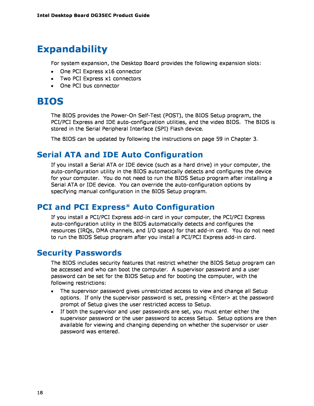 Intel Intel Desktop Board, DG35EC manual Expandability, Bios, Serial ATA and IDE Auto Configuration, Security Passwords 