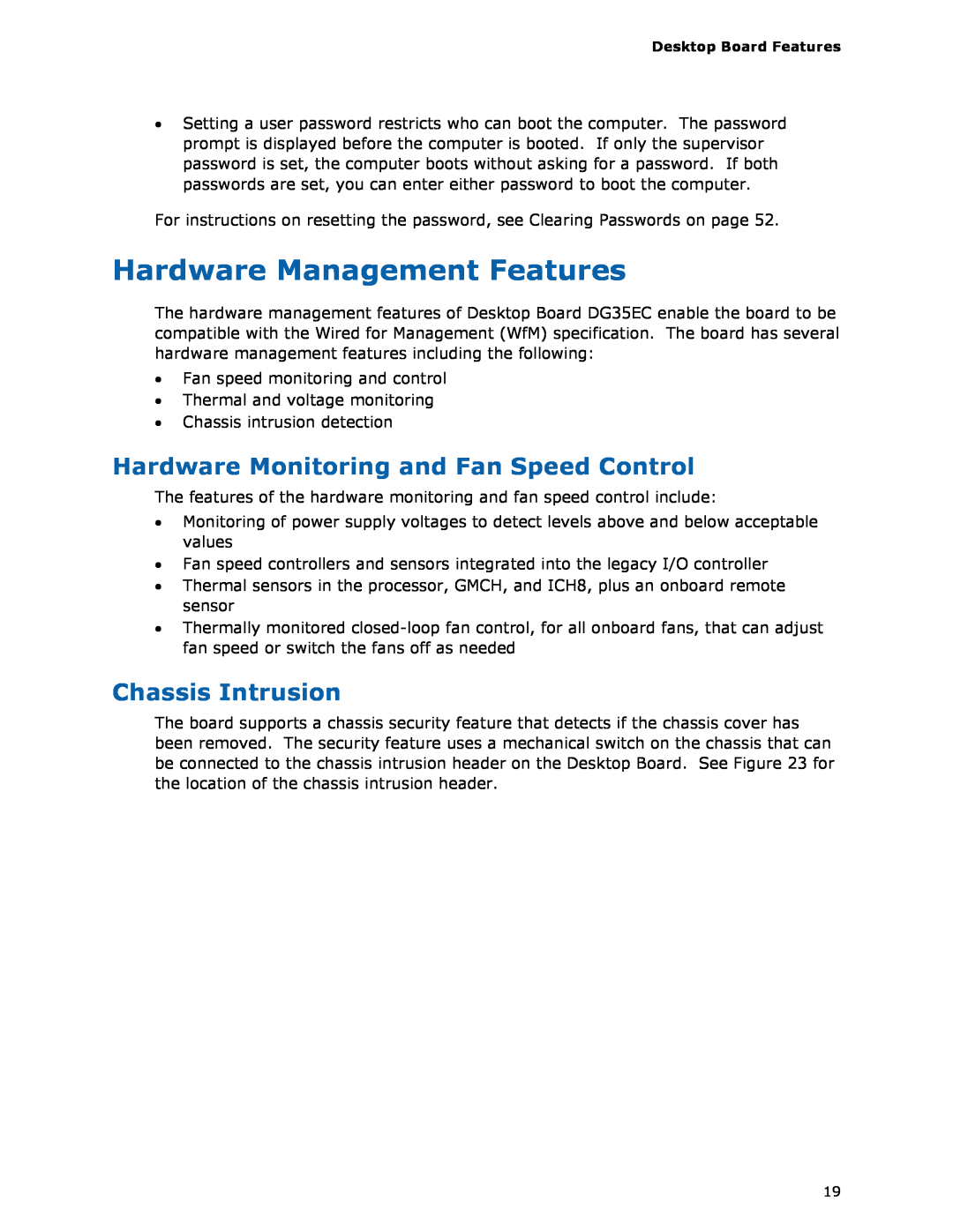 Intel DG35EC manual Hardware Management Features, Hardware Monitoring and Fan Speed Control, Chassis Intrusion 