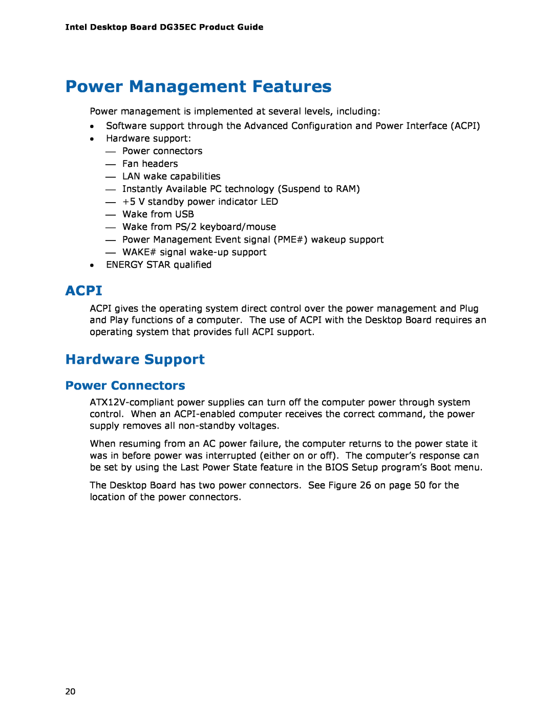 Intel Intel Desktop Board, DG35EC manual Power Management Features, Acpi, Hardware Support, Power Connectors 