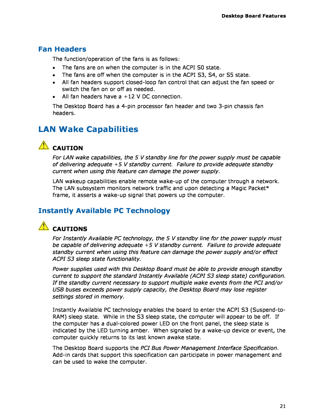 Intel DG35EC, Intel Desktop Board manual LAN Wake Capabilities, Fan Headers, Instantly Available PC Technology, Cautions 