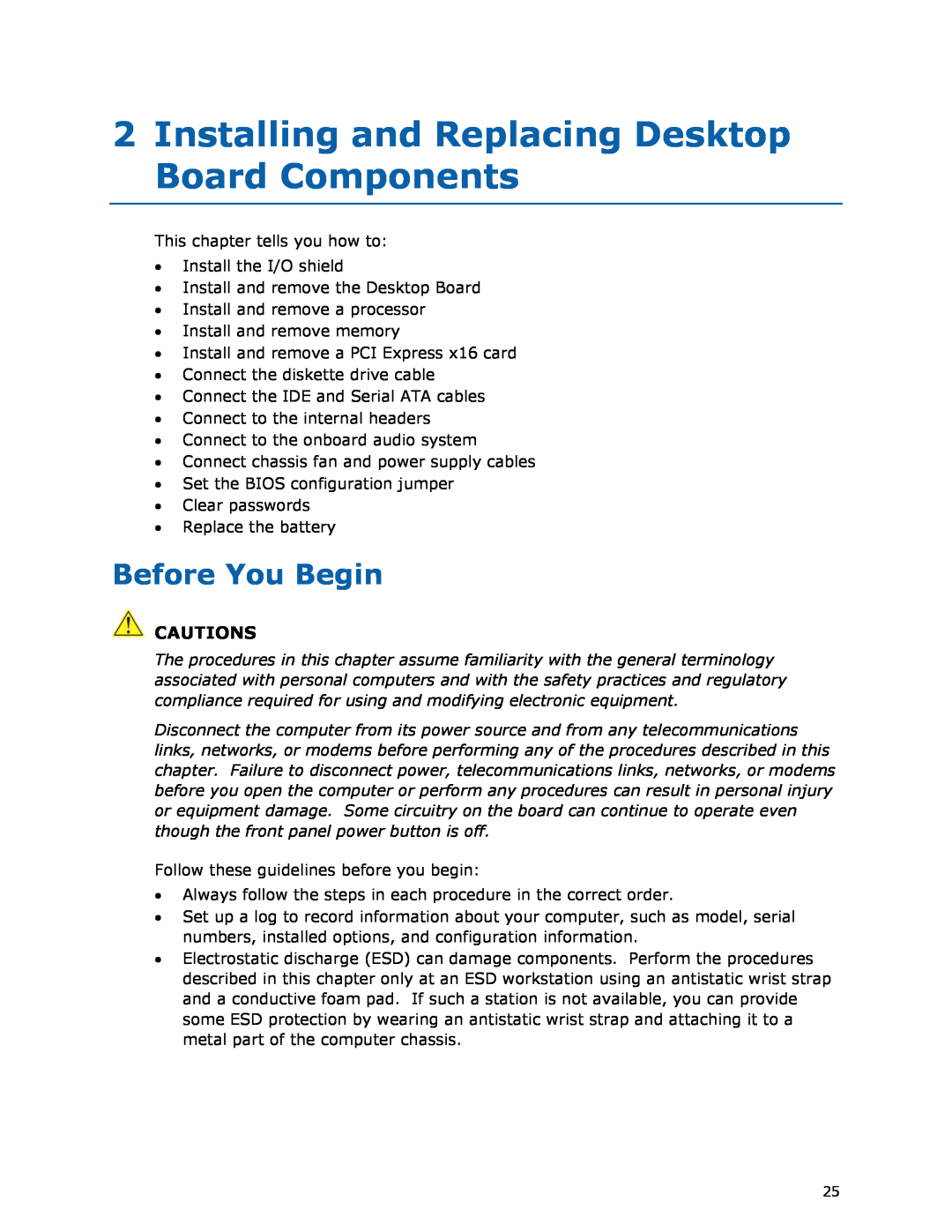 Intel DG35EC, Intel Desktop Board manual Installing and Replacing Desktop Board Components, Before You Begin, Cautions 