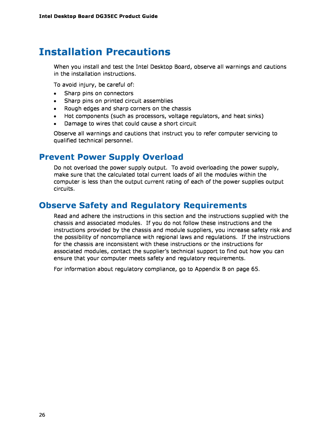Intel Intel Desktop Board, DG35EC manual Installation Precautions, Prevent Power Supply Overload 